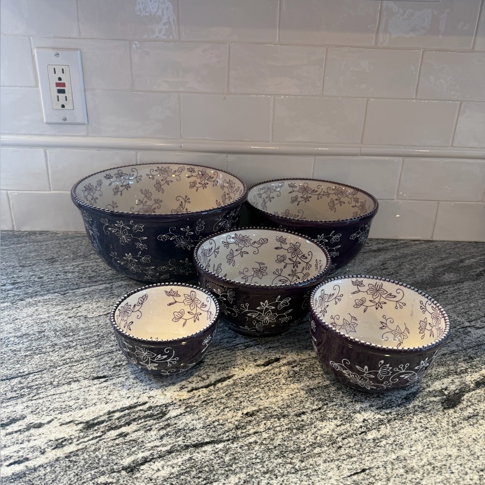 Set of 5 Floral Lace Eggplant/Purple by Temp-Tations Nesting Mixing Bowls